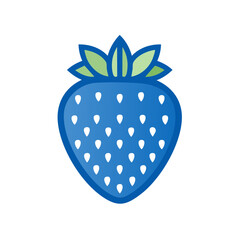 Stylized Blue Strawberry Icon, Green Leaves, White Seeds, Fresh Fruit