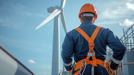 Wind Turbine Engineer in Safety Harness Inspecting Renewable Energy Equipment AGainSt Blue Sky. Worker Mainting Sustainable Power Generation Facility. Clean Energy Concept for Environmental Service