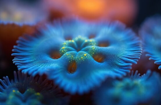 Macro shot of vibrant blue sea anemone with glowing yellow spots, resembling otherworldly flora. Delicate tentacles flow, displaying intricate patterns, organic textures. Underwater marine life on