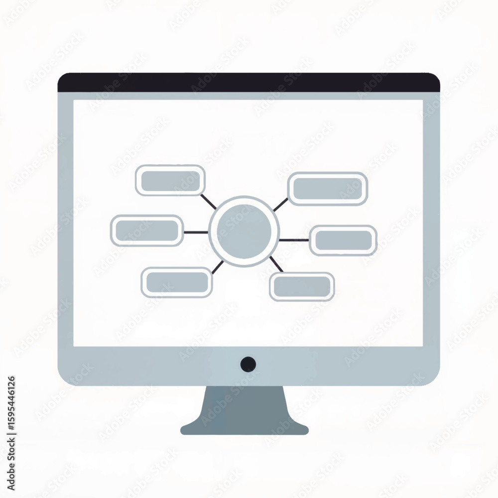 Poster computer screen displaying mind map diagram in flat design style