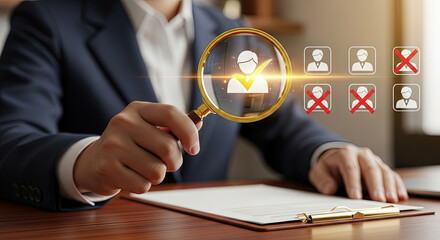 Recruitment Process: HR Manager Selecting Candidate with Magnifying Glass. Hiring, Job Interview and Employee Selection Concept. Business and Human Resources