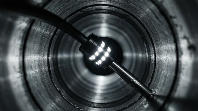 Industrial borescope inspection reveals details inside a metal pipe with an internal light
