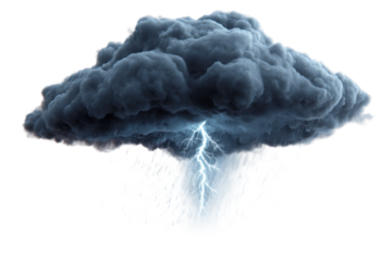 Lightning strikes amidst dark clouds nature scene dramatic weather. Isolated on transparent background, png.