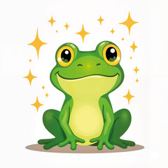 Obraz premium Cartoon frog smiling with sparkling stars on a white background 