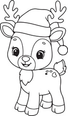 Fototapeta premium Cartoon reindeer baby with Christmas hat, heart-shaped hooves, smiling face, outlined line drawing for,