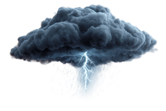 Lightning strikes amidst dark clouds nature scene dramatic weather. Isolated on transparent background, png.