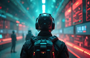 Soldier in futuristic uniform with backpack, headset interacts with glowing digital interface. High-tech environment with data displays suggests strategic operation cyber warfare. Focus on advanced
