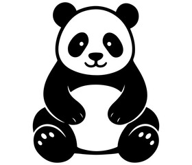 Cartoon Panda Sitting Pose Black and White Vector Illustration with Smiling Face and Paw Details