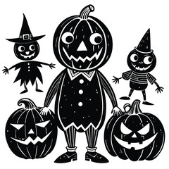 Spooky Halloween pumpkin set with vector bat and cat icons, perfect for autumn holiday illustrations