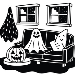 living room decorated with ghost pillows and pumpk.eps