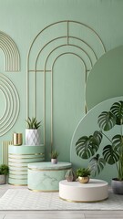 Soft green abstract 3d background with modern home decor elements image