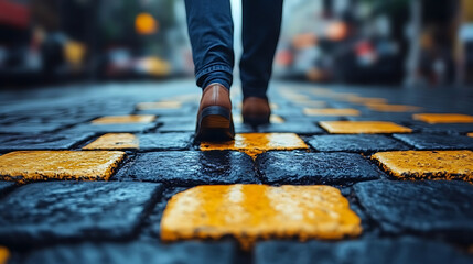 Walking on a Wet Cobblestone Street in the City