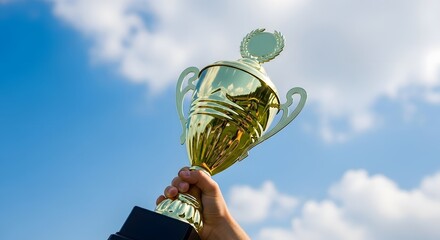 Ai generated image of a hand triumphantly raises a gleaming gold trophy against a vibrant blue sky, symbolizing victory and achievement