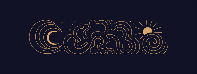 Moon, sun, night sky, golden star. Vector line art