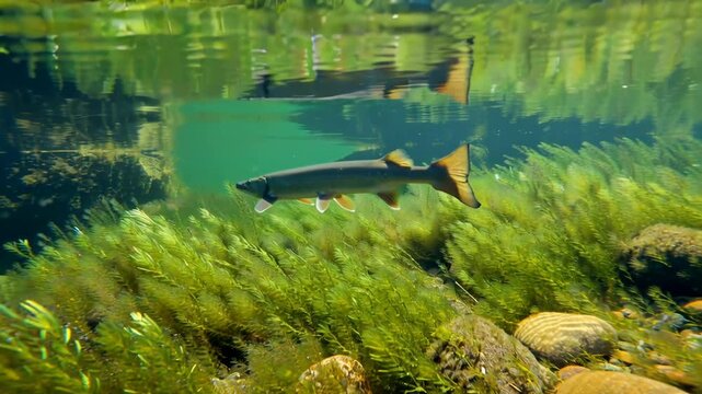 Freshwater fish swimming in river near aquatic plants and rocks, split level view of water surface