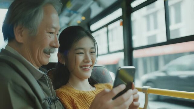 A couple sits together on a bus, each absorbed in their respective mobile devices