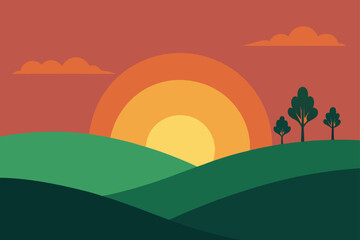 Obraz premium Flat Design Sunset Over Grassy Hills with Sparse Trees