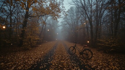 Fototapeta premium Abandoned Bicycle on Foggy Forest Path with Floating Lights – Magical Autumn Atmosphere at Dusk