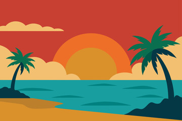 Fototapeta premium Flat Vector of Tropical Shoreline with Sun Setting