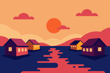 Naklejka premium Floating Houses on River During Sunset