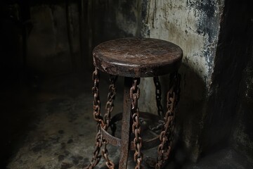 Rusty chains hold metal stool in dimly lit, abandoned room with peeling walls, A metal stool tied down by rusty chains in an old dungeon torture chamber