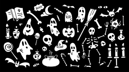 Set of Halloween doodle icons. Cute hand drawn illustrations, silhouettes of pumpkins, ghosts, skeleton, skulls, candy, bats, spiders and other creative thematic elements. Sketches, vector stickers.