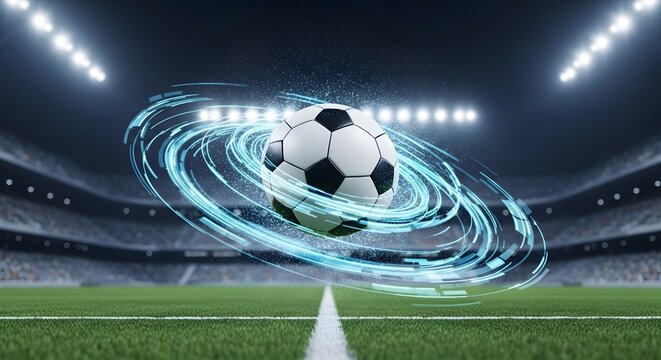 Ai generated image of a dynamic soccer ball hovers midair in a brightly lit stadium, surrounded by swirling energy effects, capturing the excitement of the game