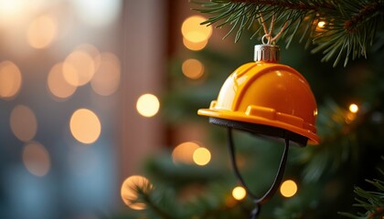 Close-up of a yellow construction helmet Christmas ornament hanging on a tree. Festive holiday decoration with bokeh lights. Unique blend of construction and Christmas themes. Space for text or logo

