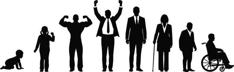 Life stages, human development, childhood, adulthood, senior age, growth, aging, silhouette people, evolution, health, fitness, business, wheelchair