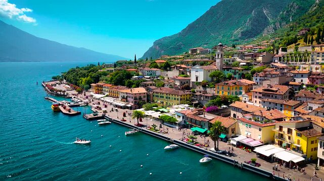 Charming Limone sul Garda sits on the edge of Lake Garda, surrounded by turquoise water and dramatic cliffs. Perfect for travel, real estate, and tourism-related commercial content