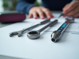 Conception technique et précision manuelle autour d’outils d’ingénierie sur plan de travail professionnel
