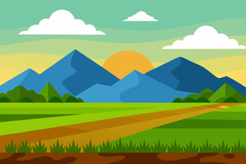 Peaceful rice field landscape with distant mountain