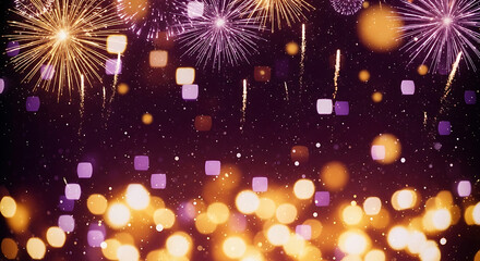 Celebratory Fireworks Display, New Year’s Eve, Urban Skyline, Digital Art, Vibrant Night, Wide Angle, Joyful Festivities