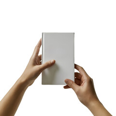 Minimalist Two Hands Reaching for White Book on Transparent Background – Clean Modern Aesthetic, High Contrast Hardcover, Conceptual Teamwork & Education