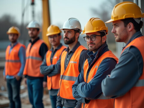 &Eacute;quipe de professionnels du b&acirc;timent en pleine coordination sur un chantier de construction s&eacute;curis&eacute;
