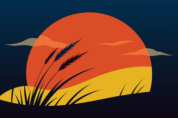 Watercolor Style Sunset Behind Windblown Grass