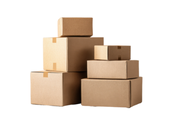 Packaging process cardboard boxes stacked in warehouse environment. Isolated on transparent background, png.