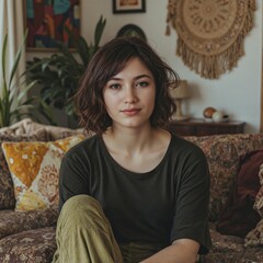 Fototapeta premium A beautiful woman with a radiant smile and flowing hair, exuding a carefree bohemian lifestyle, posing in a serene spa setting, capturing a moment of calm and relaxation.
