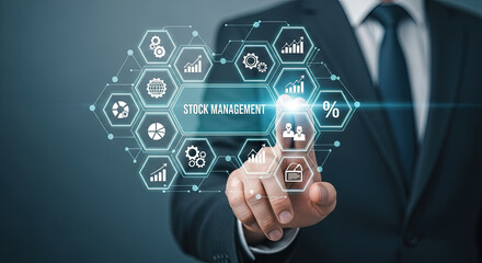 Stock Management Digital Transformation Concept: Businessman Interacting with Virtual Interface for Data Analysis and Strategic Business Growth Solutions