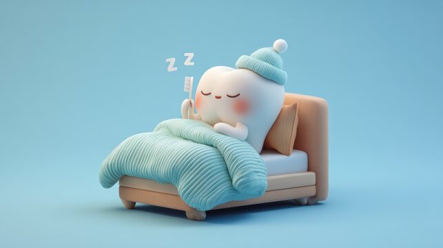 Sleeping dentistry concept. Sleeping 3d tooth character.cute. blue background 
