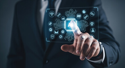 AI Technology Interface: Businessman Interacting with Artificial Intelligence Interface for Business Solutions and Futuristic Innovation Concept