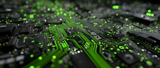 The glowing circuitry design showcasing intricate electronic patterns in vibrant green.