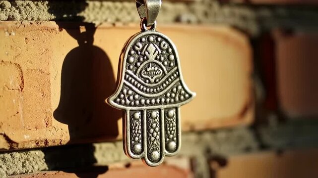 Silver amulet with traditional designs against brick wall backdrop