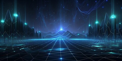 A futuristic digital cityscape glows with neon blue lights and data streams under a starry sky.