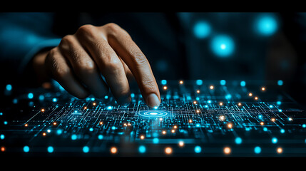 Hand Interacting with Futuristic Digital Interface Exploring the Network of Innovation