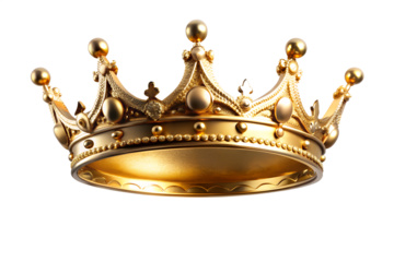 A golden crown with intricate details is isolated on transparent background, symbolizing royalty and power