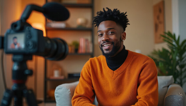 Young black man records video podcast broadcast speaking into camera. Wears orange v-neck sweater, black turtleneck. Modern indoor setting with bookshelf, plant. Cheerful, confident creator - Powered by Adobe