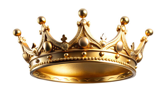 A golden crown with intricate details is isolated on transparent background, symbolizing royalty and power
