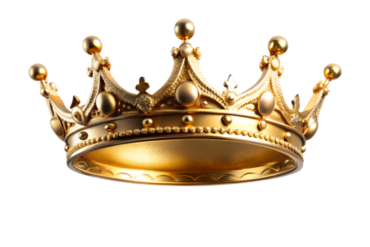 A golden crown with intricate details is isolated on transparent background, symbolizing royalty and power