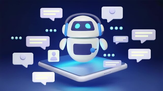 3D rendering of a chatbot on a smartphone with speech bubbles, futuristic design
